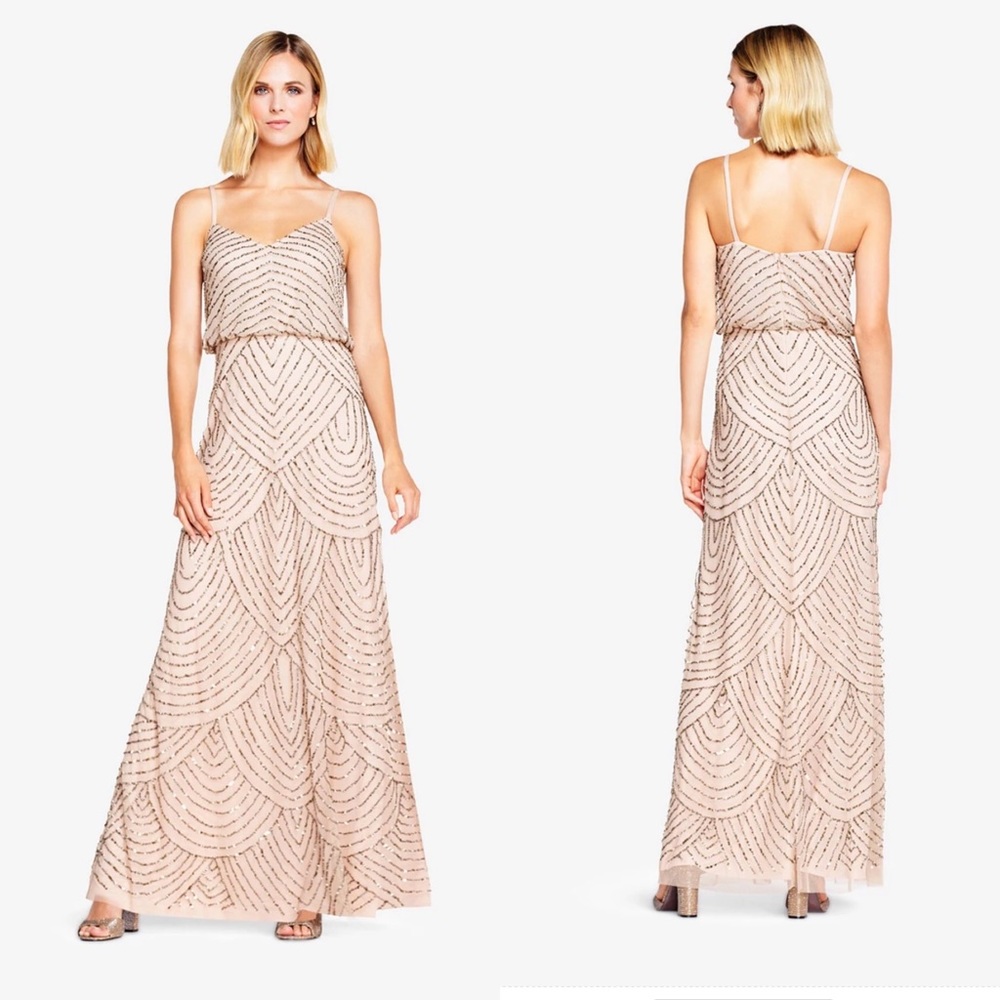 Adrianna Papell Art Deco Beaded Blouson Gown in Taupe Pink